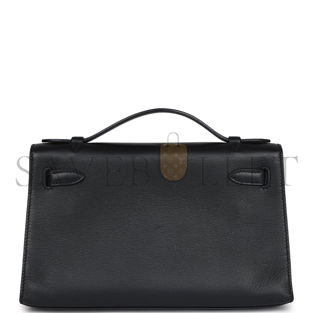 HERMÈS MASTER KELLY POCHETTE BLACK WITH VELVET GREEN SWIFT PALLADIUM HARDWARE (22*14*7cm) 